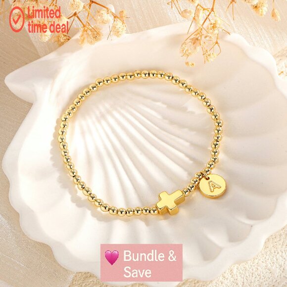 Gold Cross Initial Bracelet Dainty Stretch 6.5in Religious Jewelry Gift - Picture 8 of 8